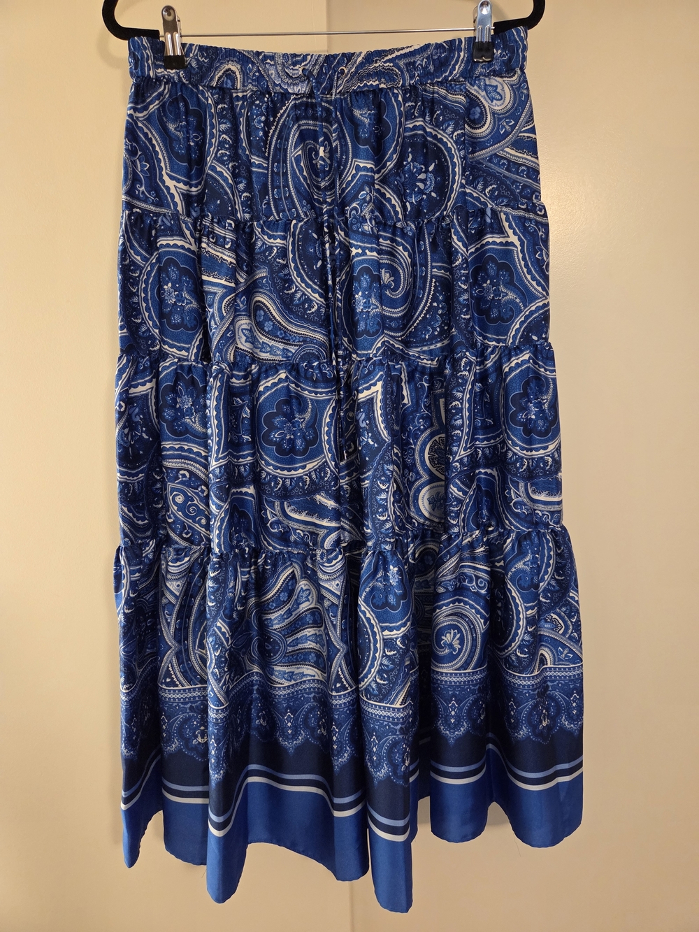 Ralph Lauren (L) Blue and White Paisley Tiered Maxi Skirt